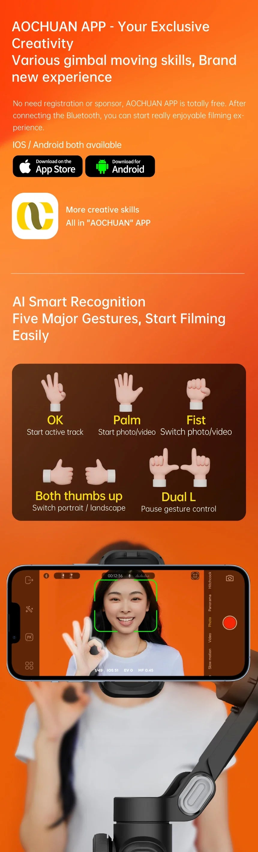 AOCHUAN Smart XE 3-Axis Handheld Gimbal Stabilizer for Smartphone iPhone/Android Face Tracking Tiktok Vlog Live Streaming